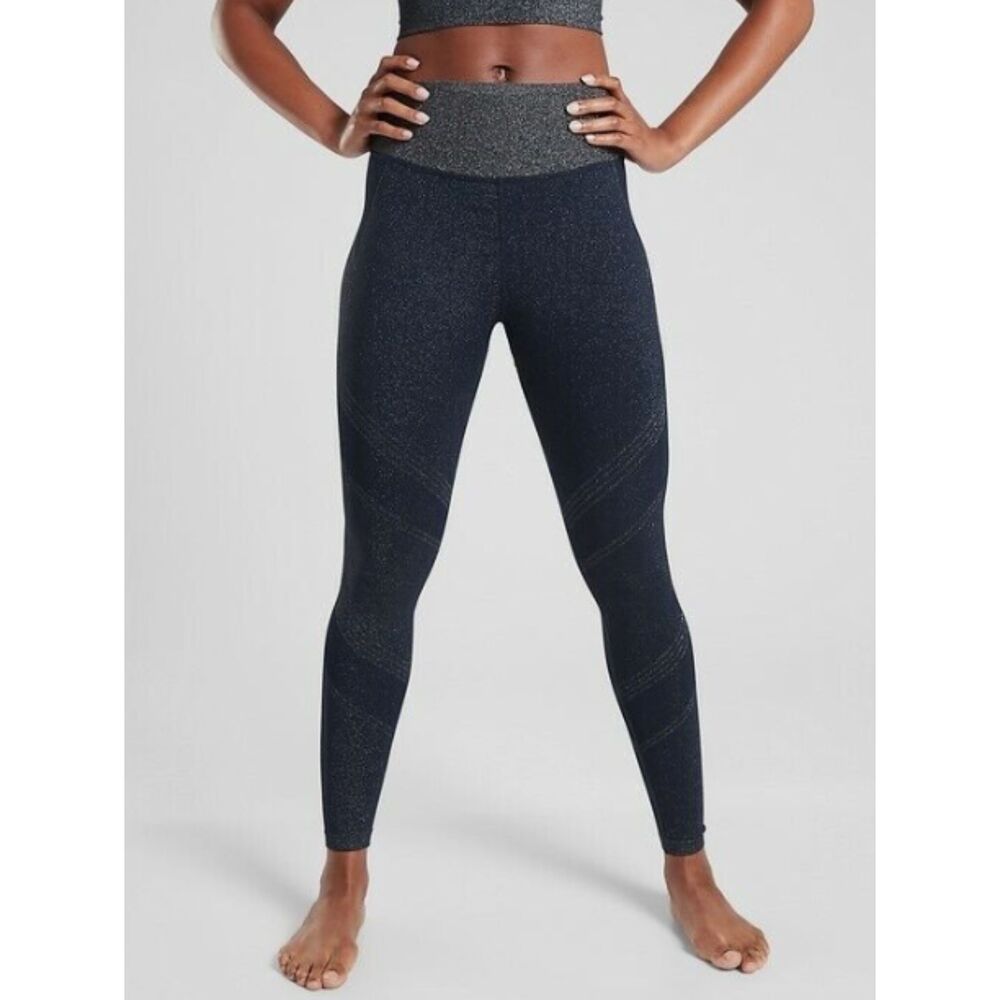 Athleta Twilight Tight Navy Silver Leggings High Rise Stretchy Reflective Trim S